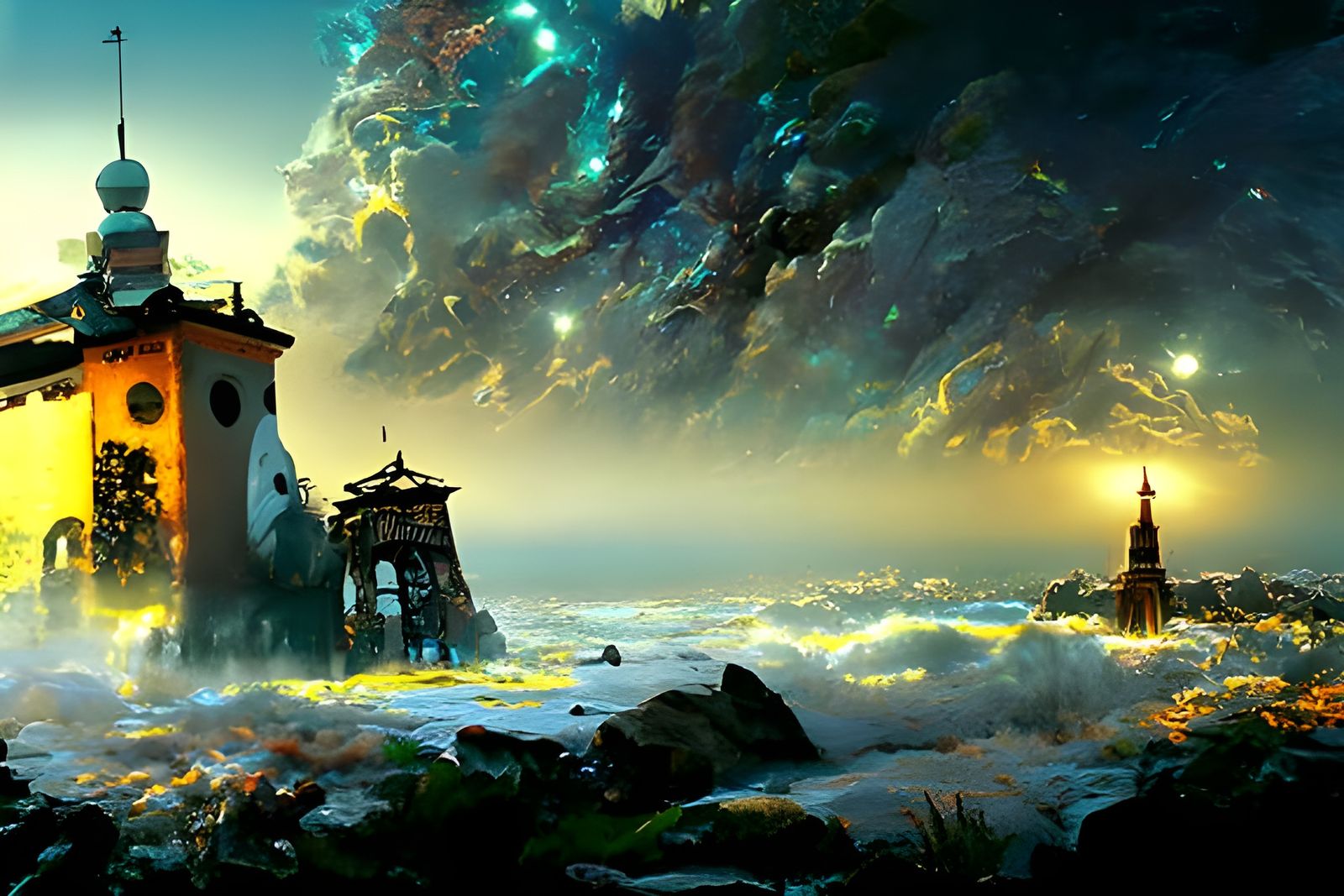 Ocean Bell Tower Under Starry Sky: Digital Matte Painting