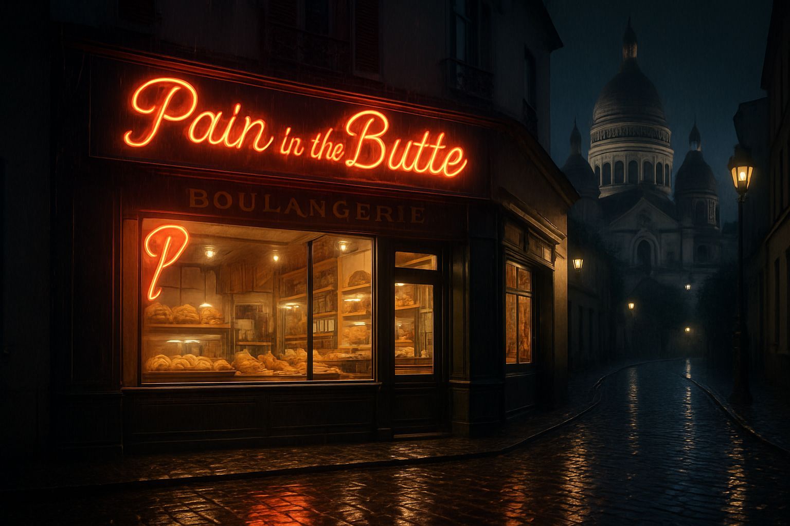 Parisian Bakery in Montmartre at Night