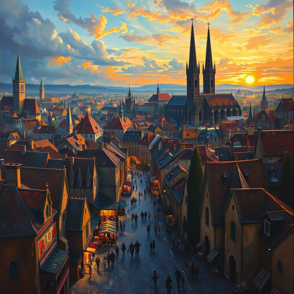 Medieval City At Dusk Oil Painting