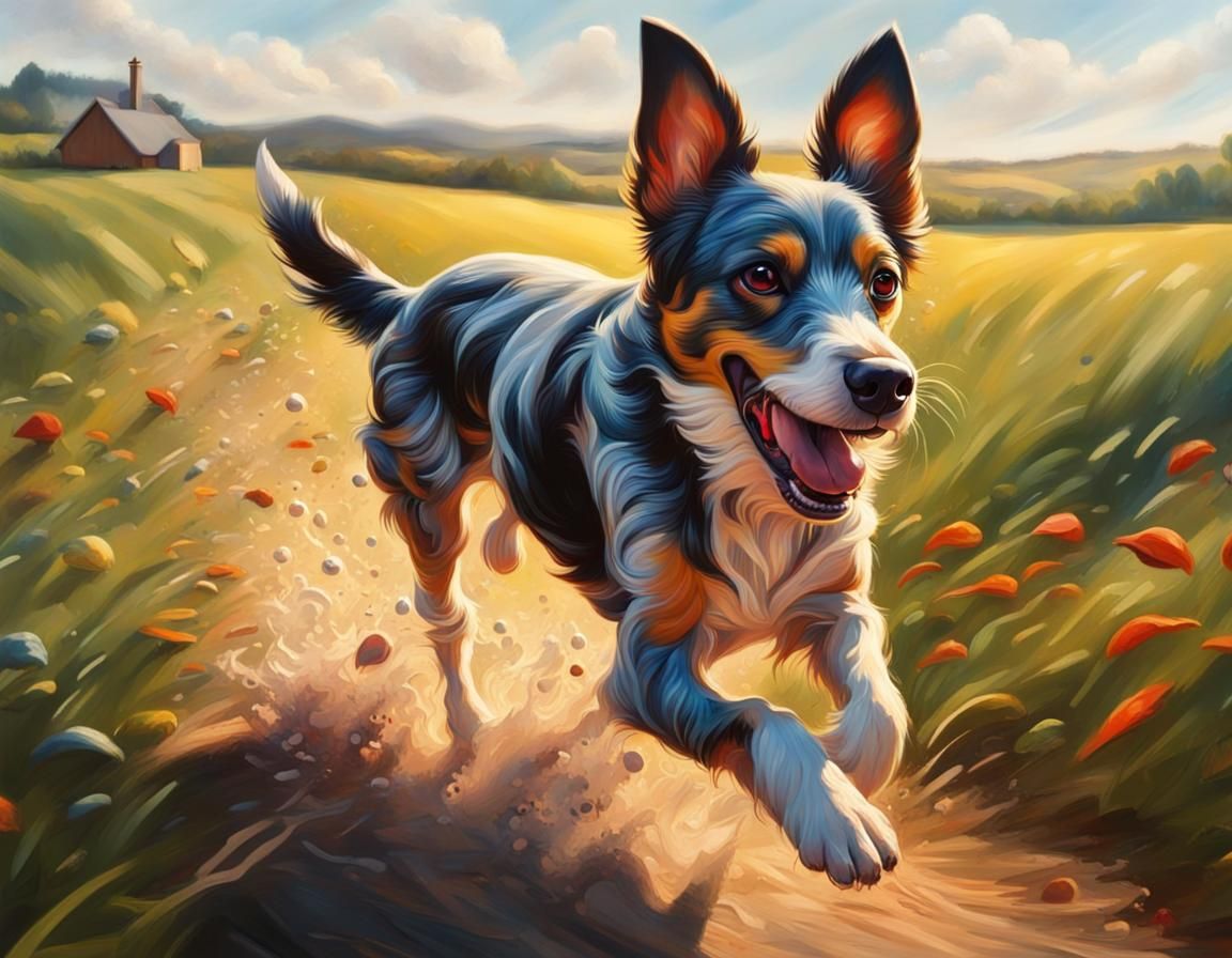 Cartoon Dog Running: Vibrant Oil Painting