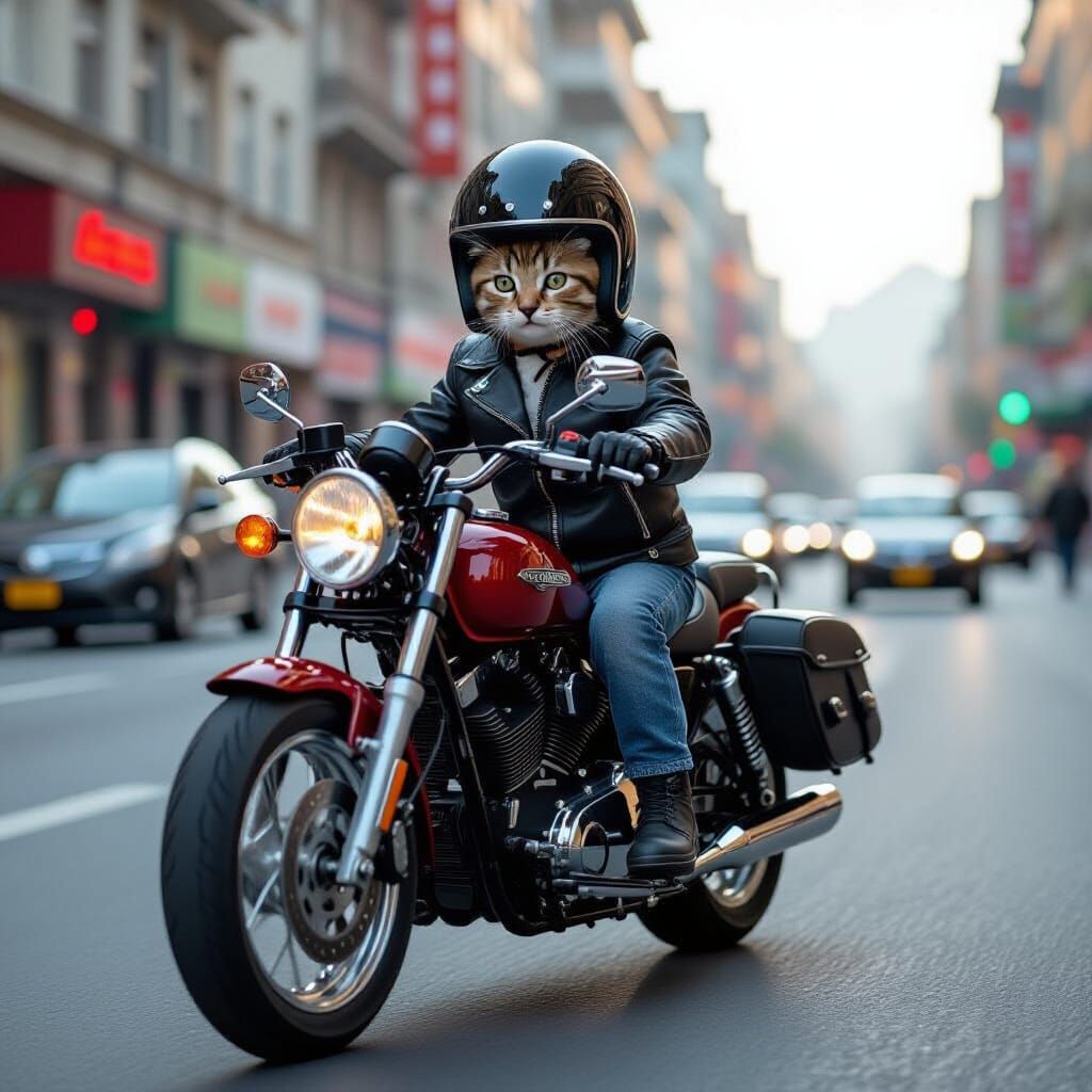 Kitten Rides Motorcycle: Photo-Realistic Style