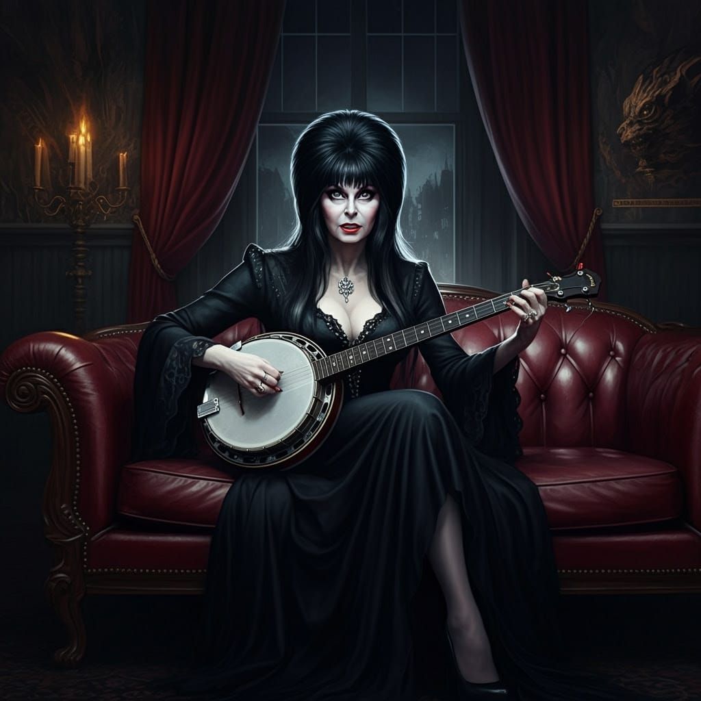 Dark Victorian Vampire Beauty Plays Banjo in Gothic Study