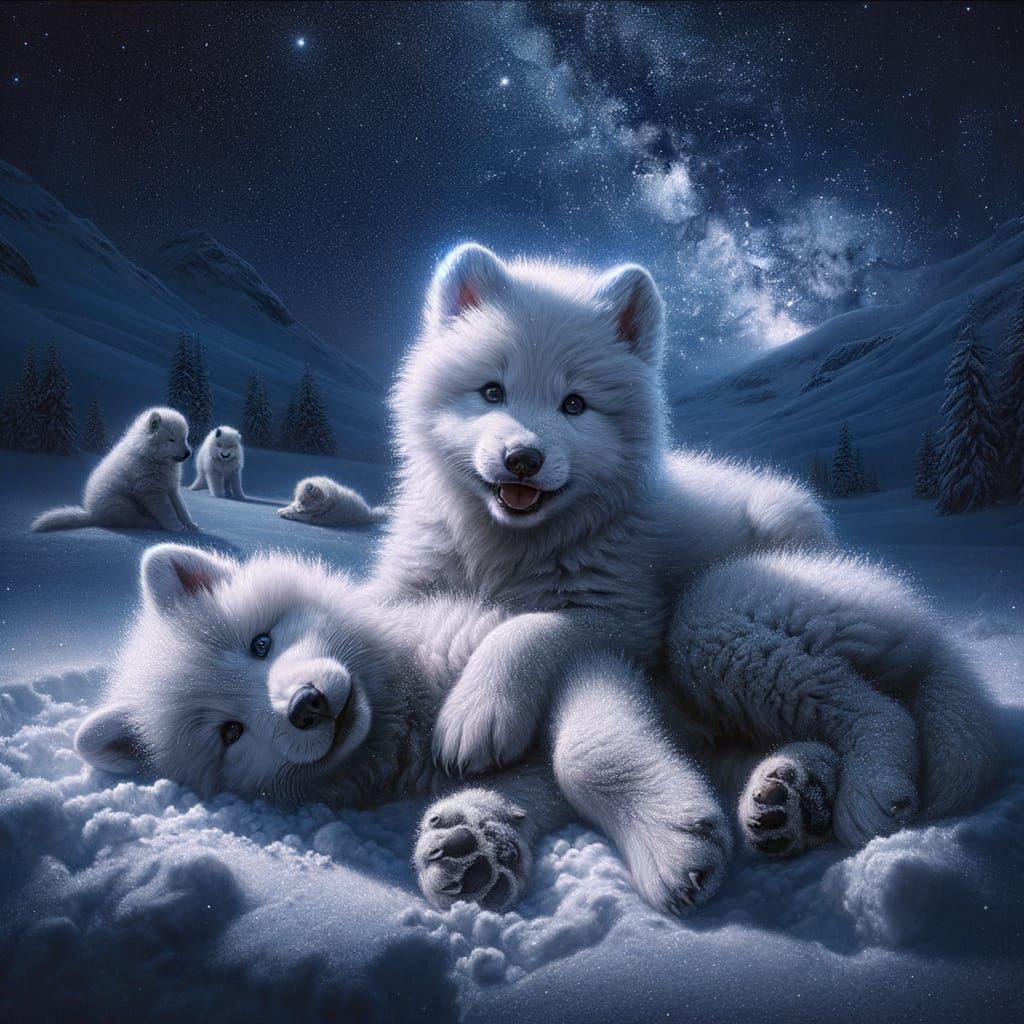 White Wolf Cubs Play in Snowy Swiss Night