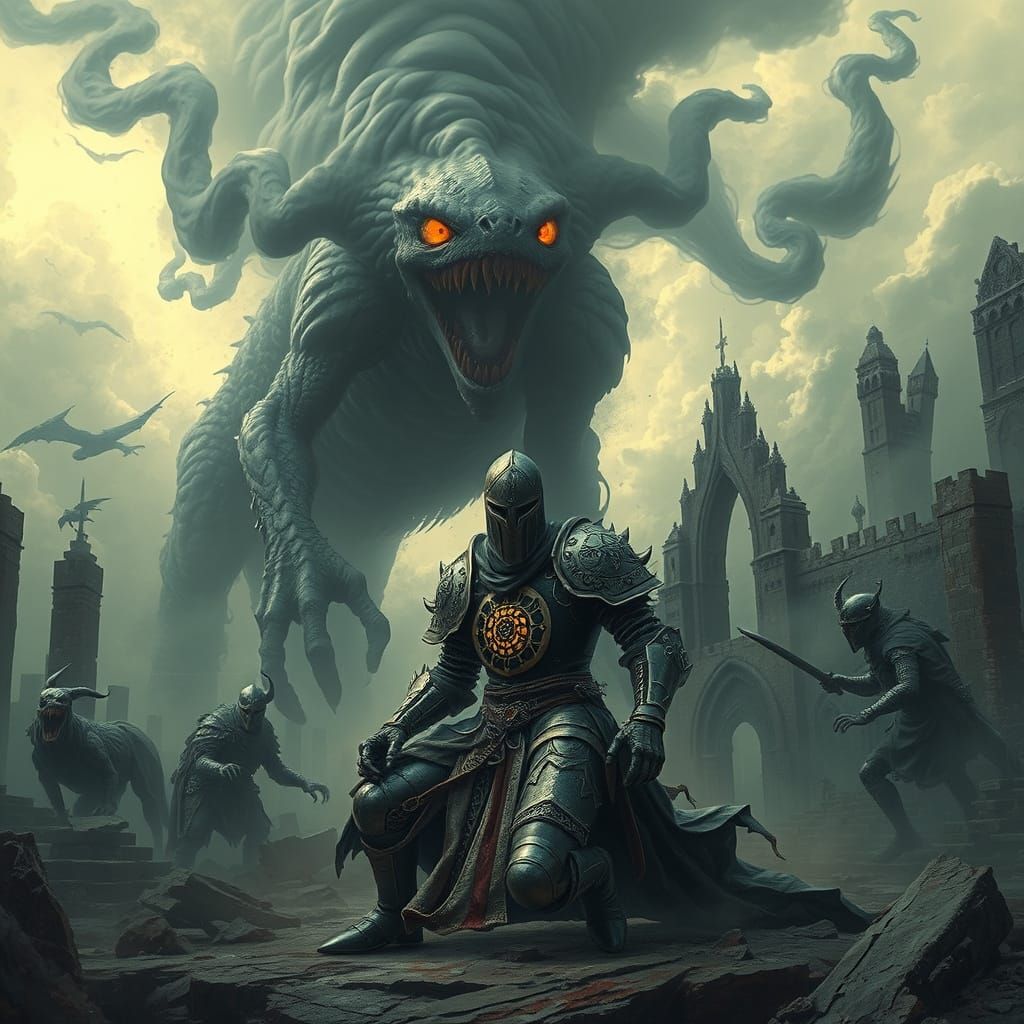 Tormented Knight in Apocalyptic Cathedral Ruins