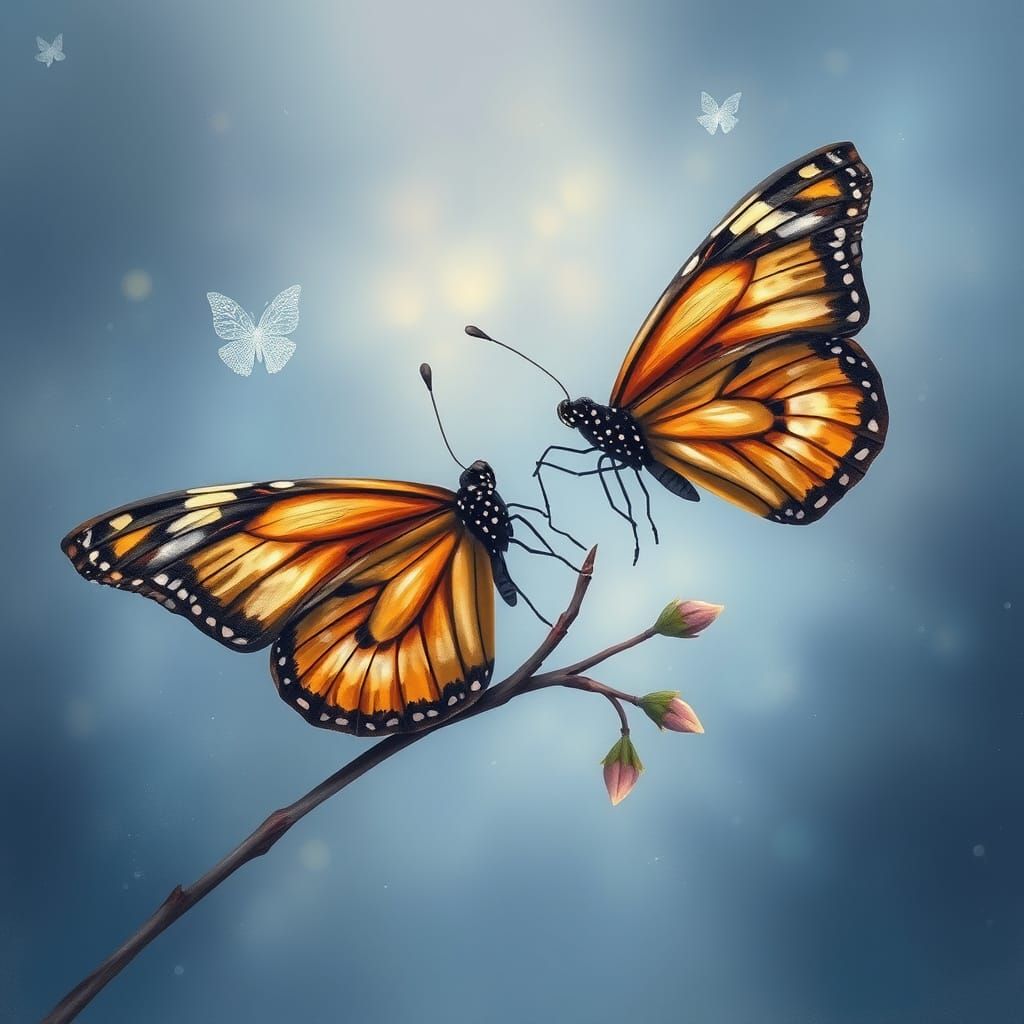 A highly detailed style oil painting of two butterflies. The...