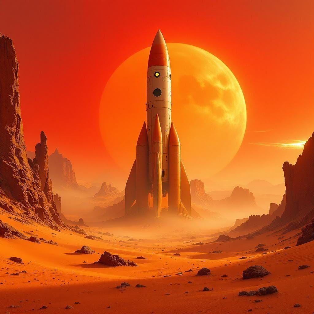 Tintin Style Rocket Amidst Mars Dunes at Golden Hour
