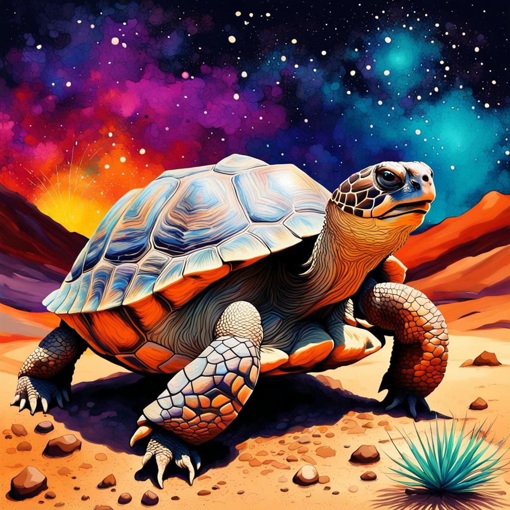 Desert Tortoise in Starry Desert, Ink Splatter Art