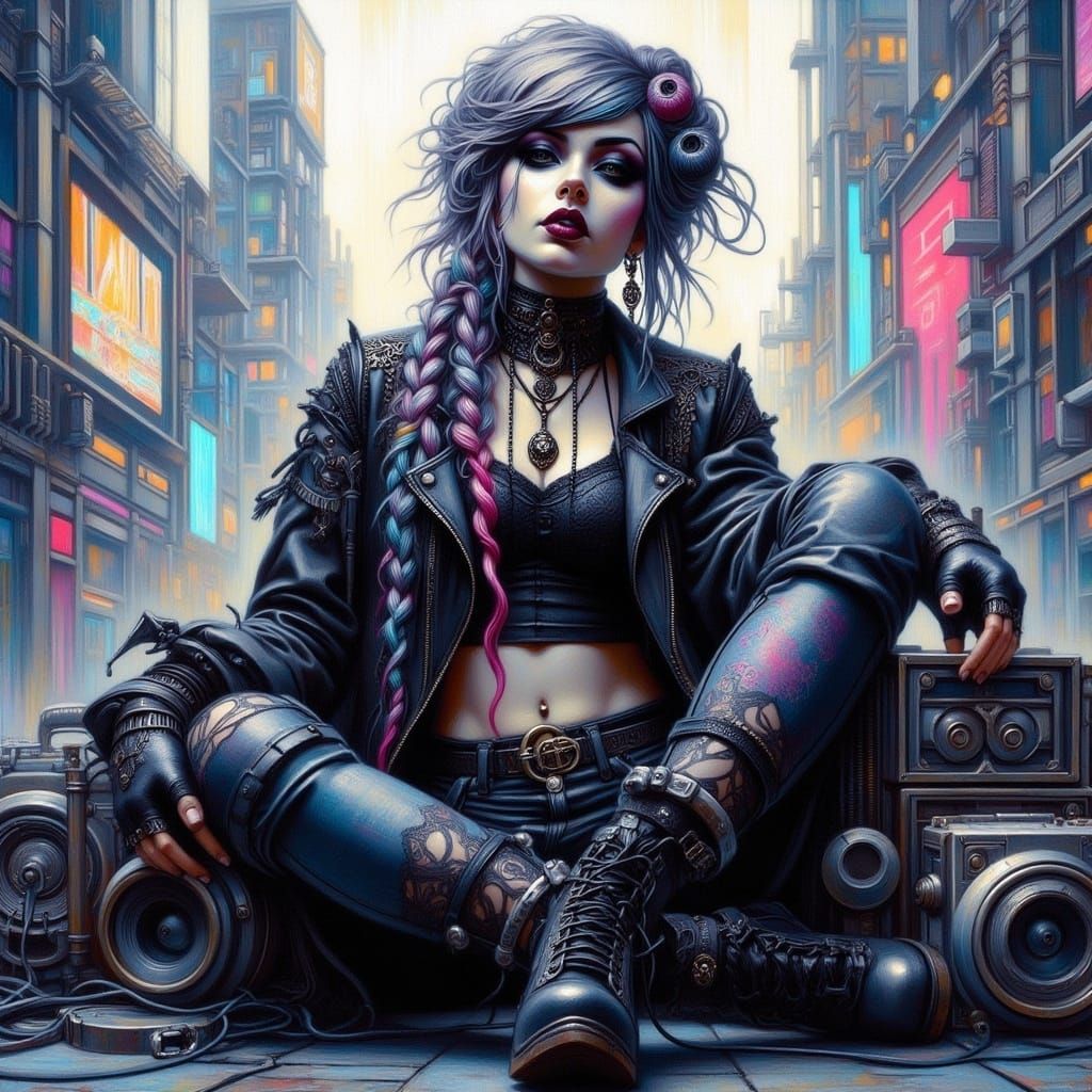 Grunge Punk Woman with Boombox in Sci-Fi City