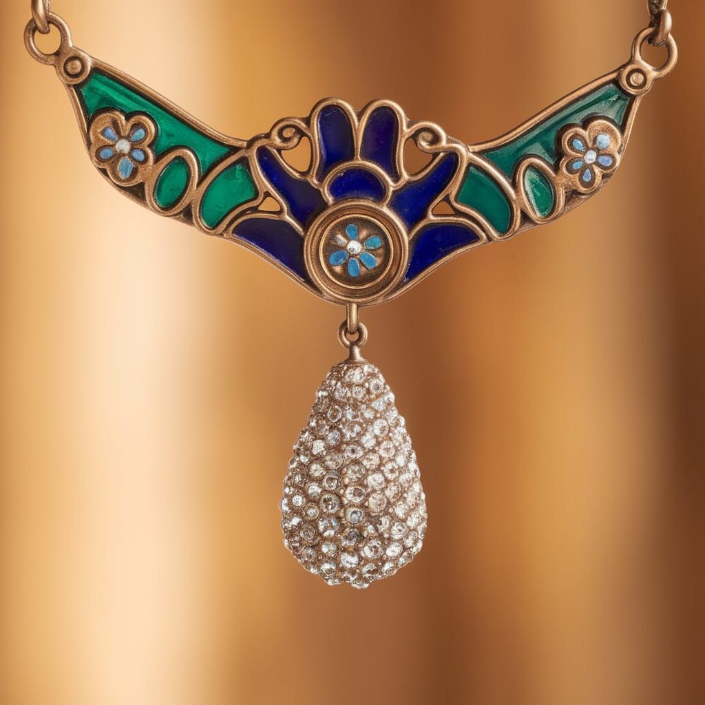 Art Nouveau Antique Enameled Necklace in Emerald and Sapphir...