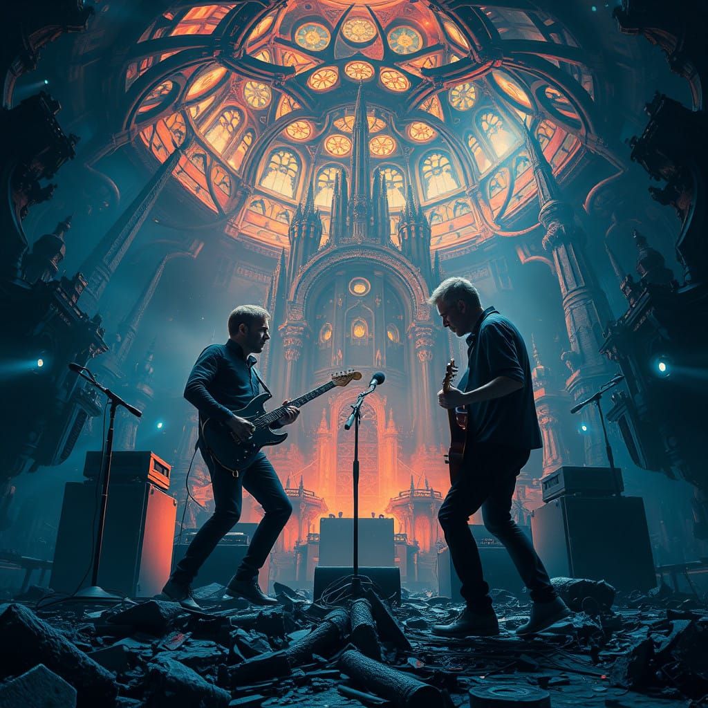 Epic Clash of British Rock Titans in a Surrealist Cityscape