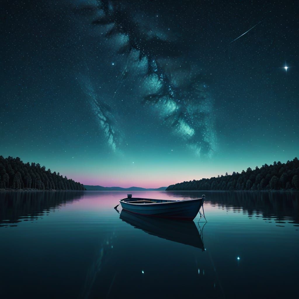 Teal Boat Reflecting Night Sky, Digital Art