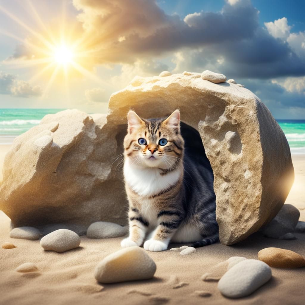 Cats Living in a Stone on a Beach