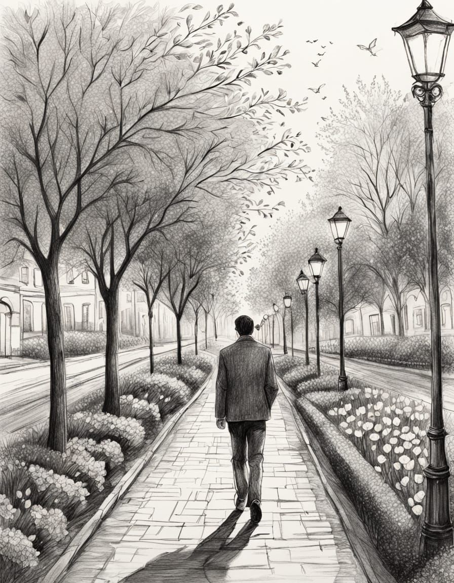 Charcoal Portrait of Strolling Person with Floral Details