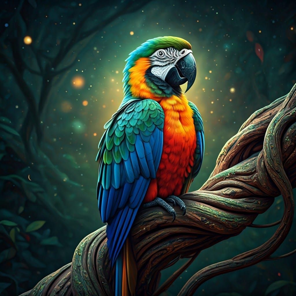 Rainbow Parrot on Ancient Tree Branch in Mystical Mist