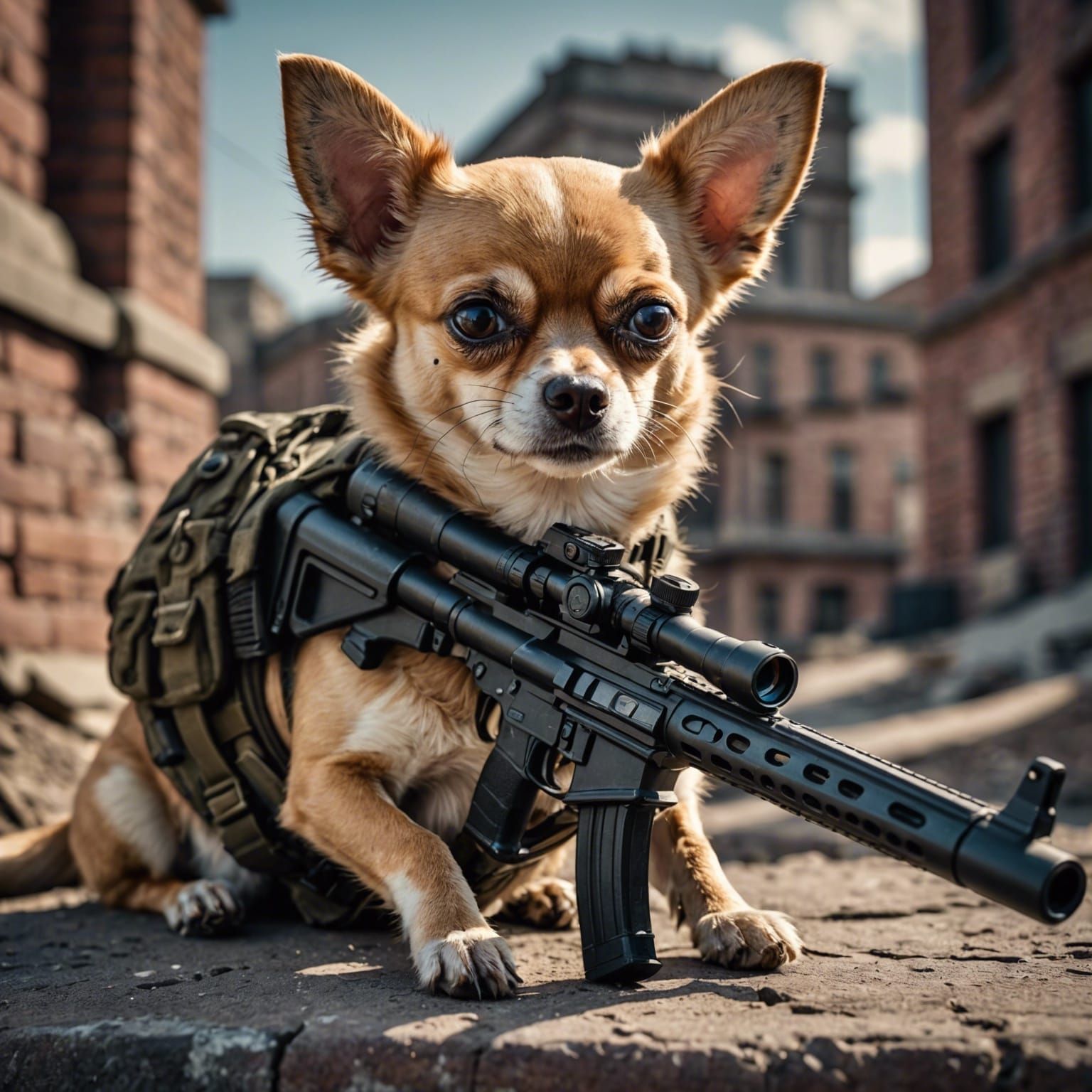 Chihuahua Dog with Sniper Rifle in HDR