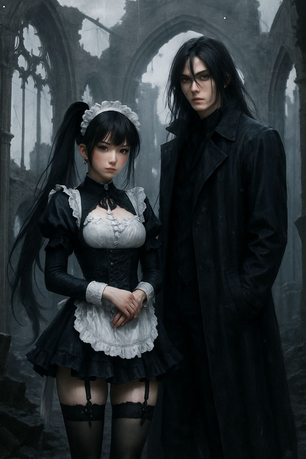 Gothic Maid and Man in Ruined Church, Anime Art