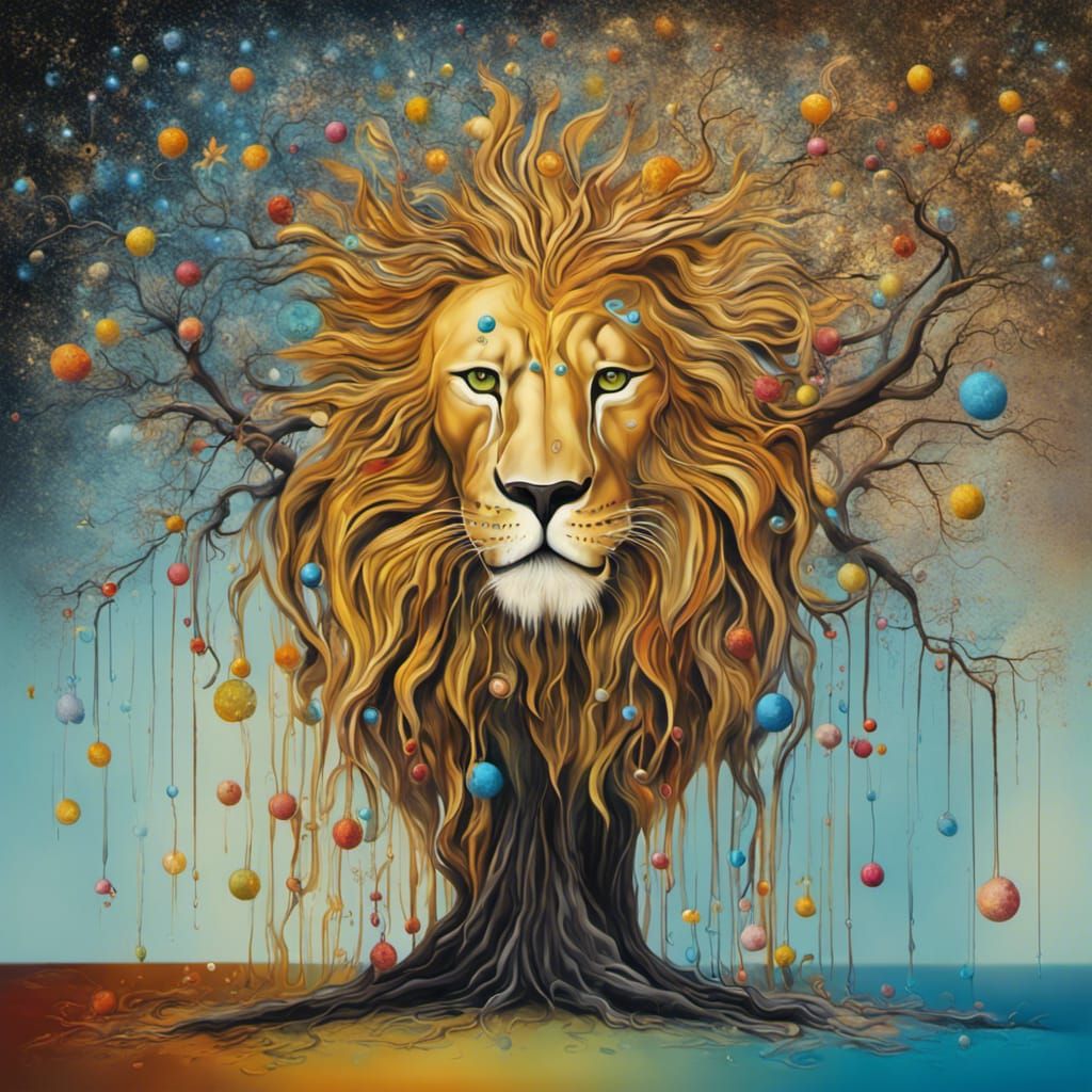Surreal Lion Head Tree: Salvador Dali-esque Oil Painting