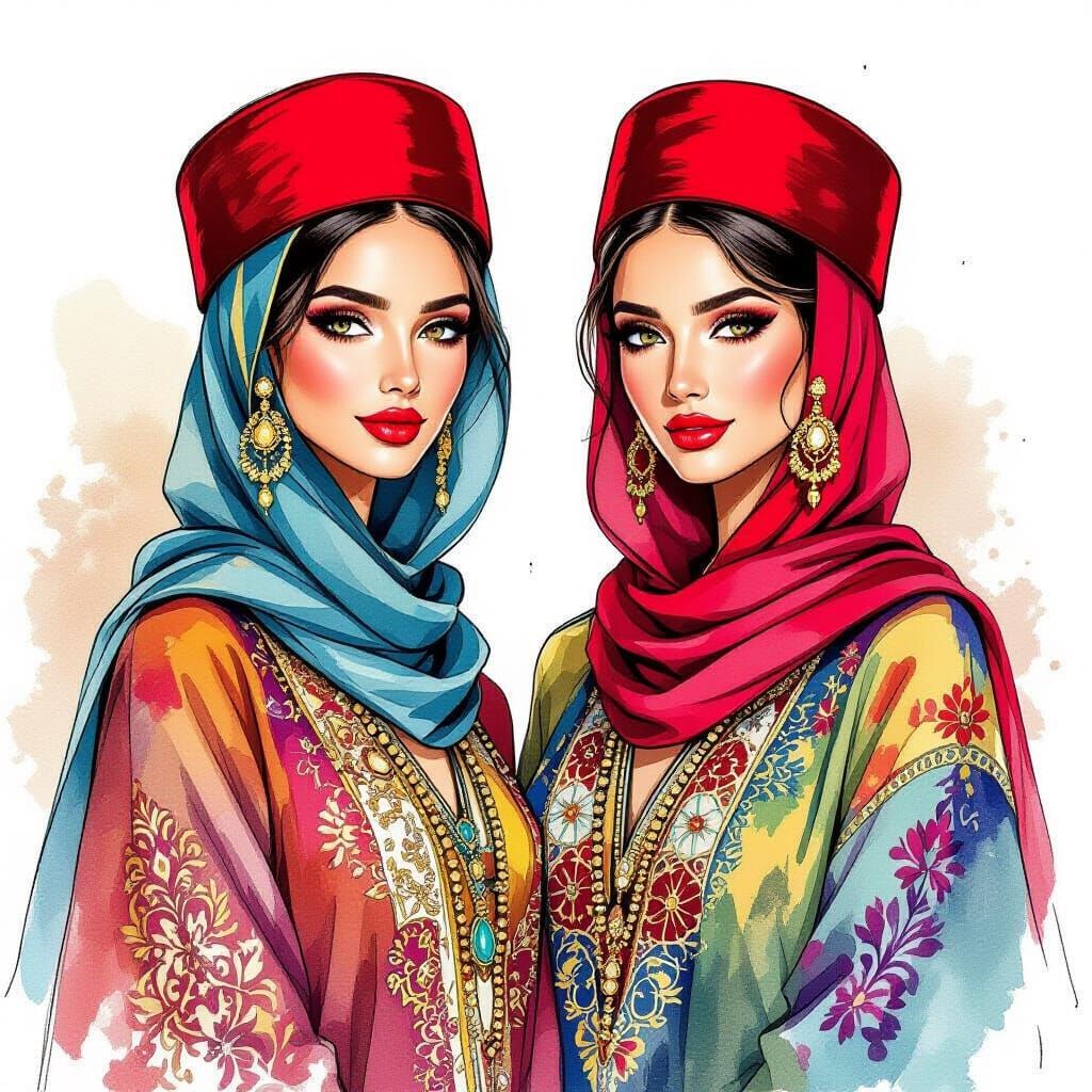 Moroccan Models in Fez Hats: Couture Illustration