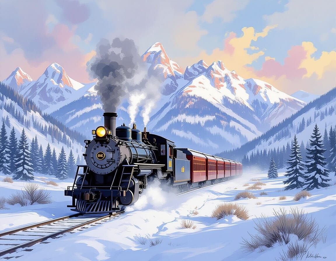 Steam Train in Snowy Wild West Landscape