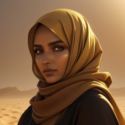 Woman in Hijab in Desert Sandstorm Oil Painting