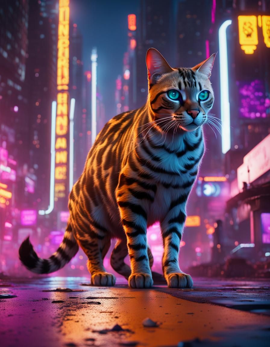 Giant Bengal Cat in Cyberpunk Neon City