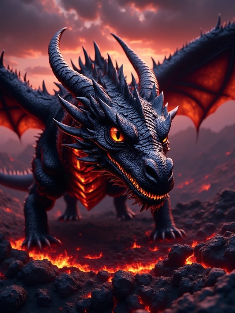 Black Dragon Close Up with Scarlet Wings