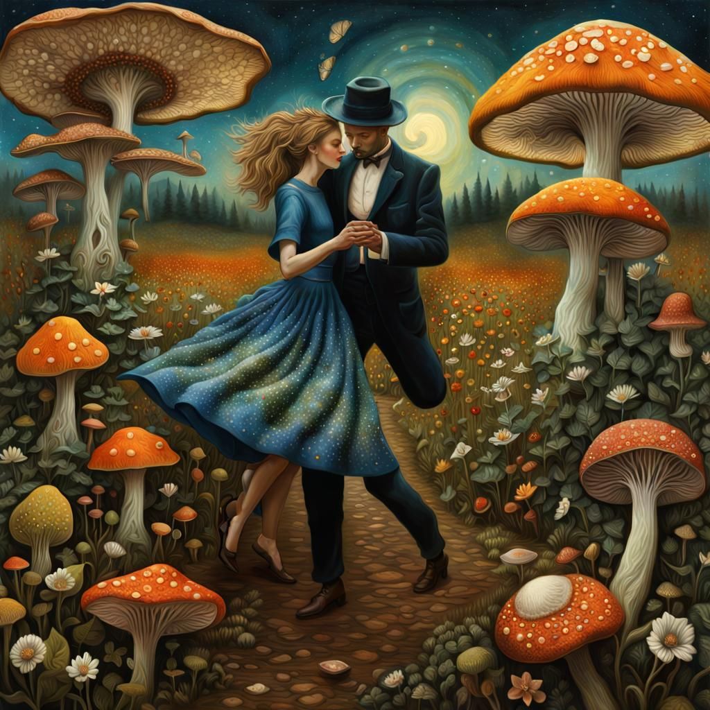 Celestial Fungi Hunter's Surreal Tango in Rich Colors