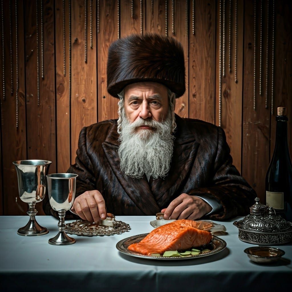 Hasidic Jew in Sukkah with Challah and Salmon