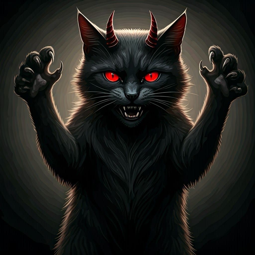 Fearsome Black Cat with Demon Horns in Dark Fantasy Style