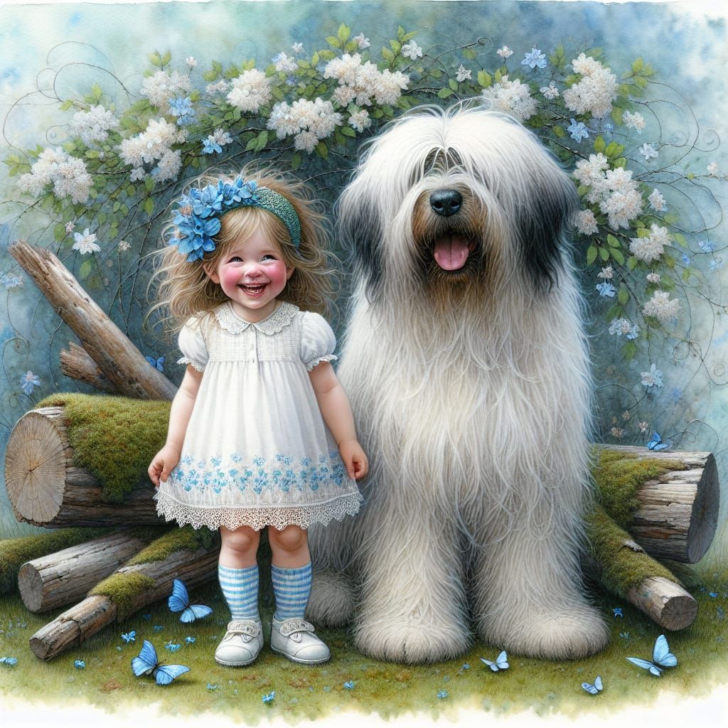 Whimsical Scene of Girl and Shaggy Dog in Floral Wonderland