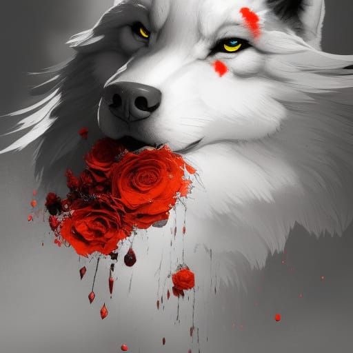 Wolf with Red Roses in Hyperdetailed Splash Art