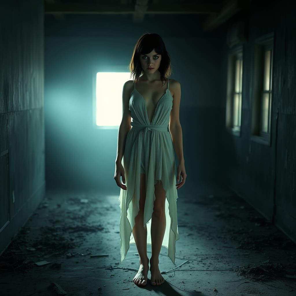 Ethereal Woman in Abandoned Room with Ominous Aura