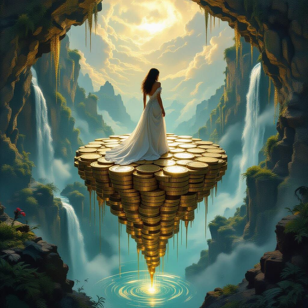 Surreal Golden Waterfalls on Floating Coin Islands