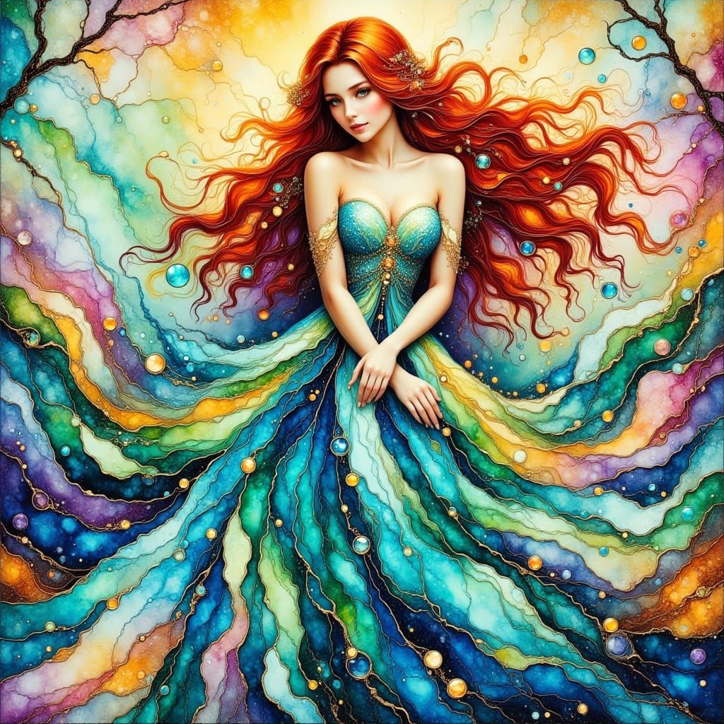 Woman in Turquoise Dress in Fluid Art Style