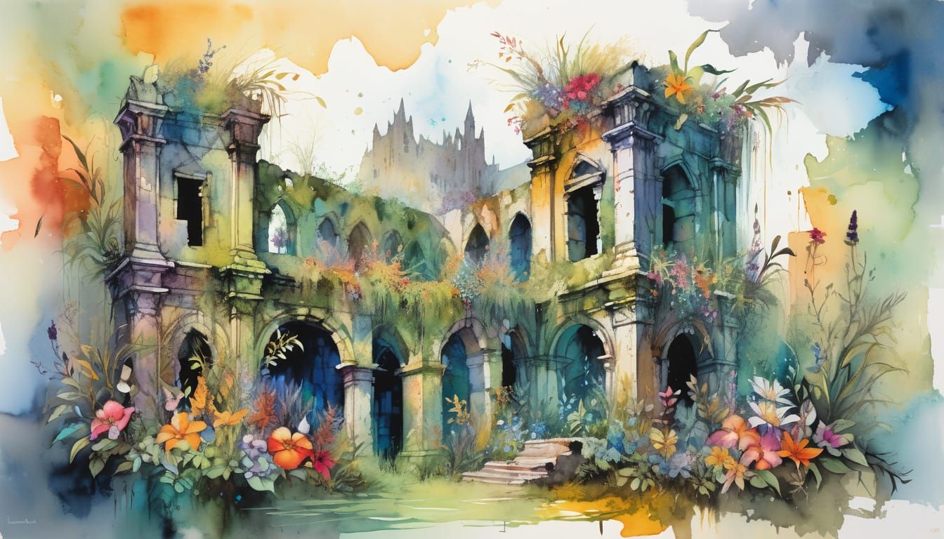 Whimsical Ruin: Watercolor and Alcohol Ink Landscape