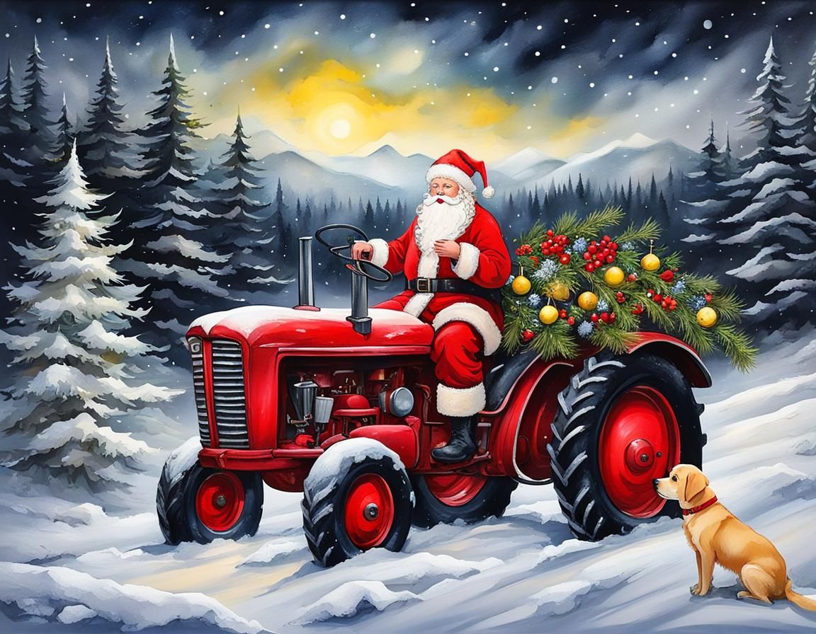 Father Christmas on Tractor in Snowy Forest