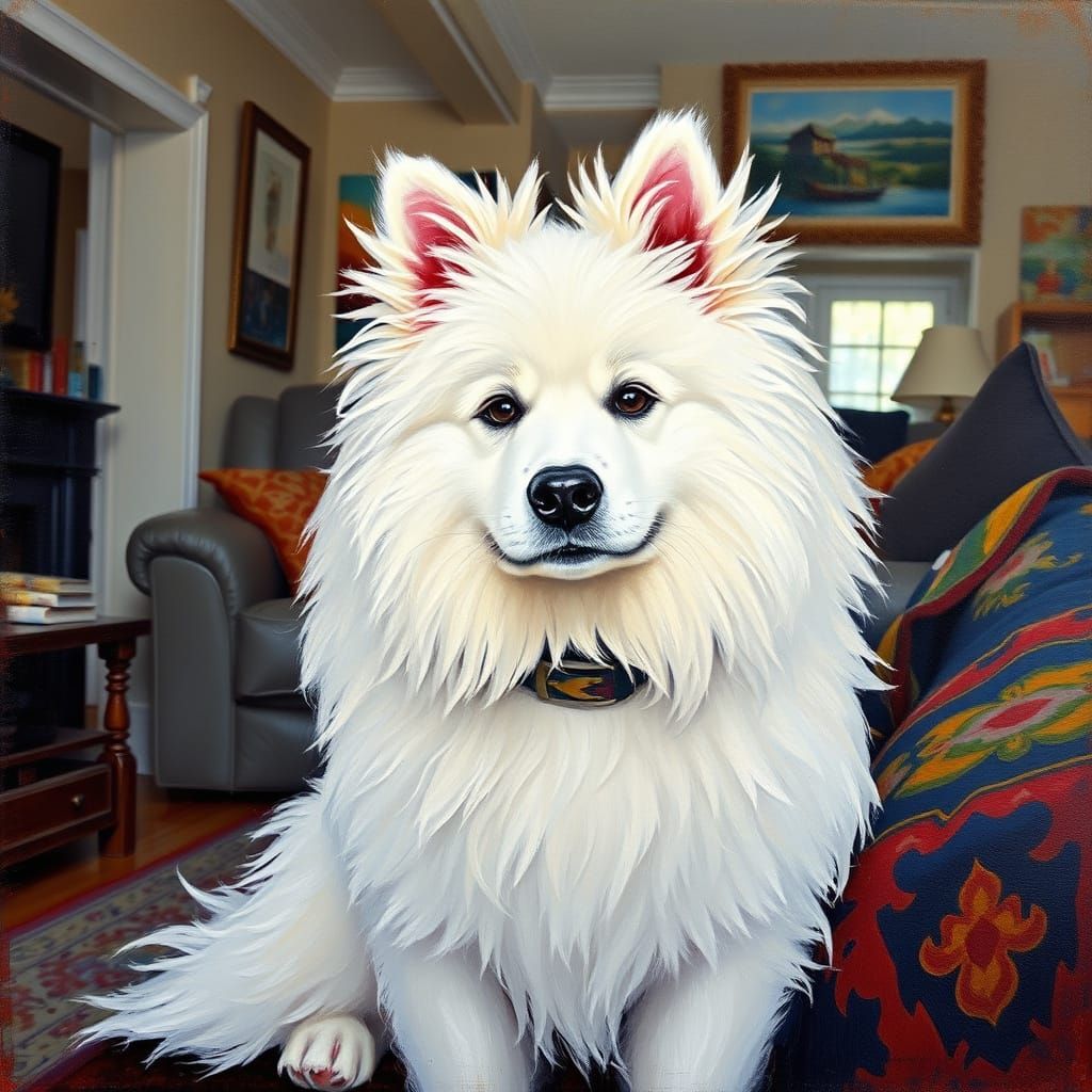 Samoyed Dog in Cozy Impasto Living Room