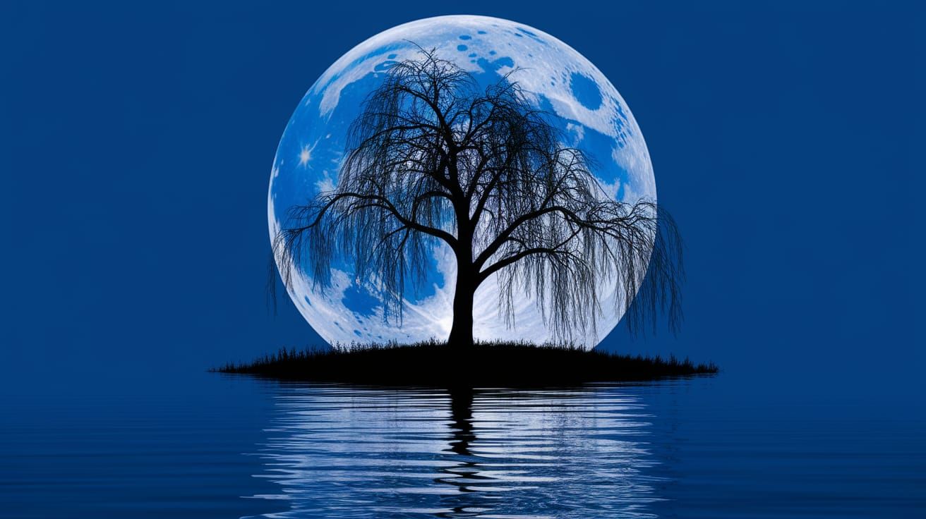 Weeping Willow Silhouette with Blue Moon