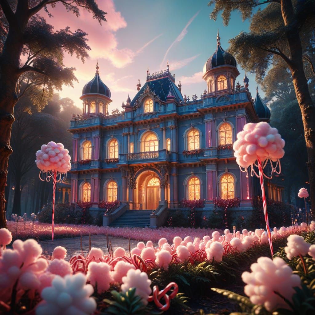 Cotton Candy Palace in Candy Cane Forest, Hyper-Realistic