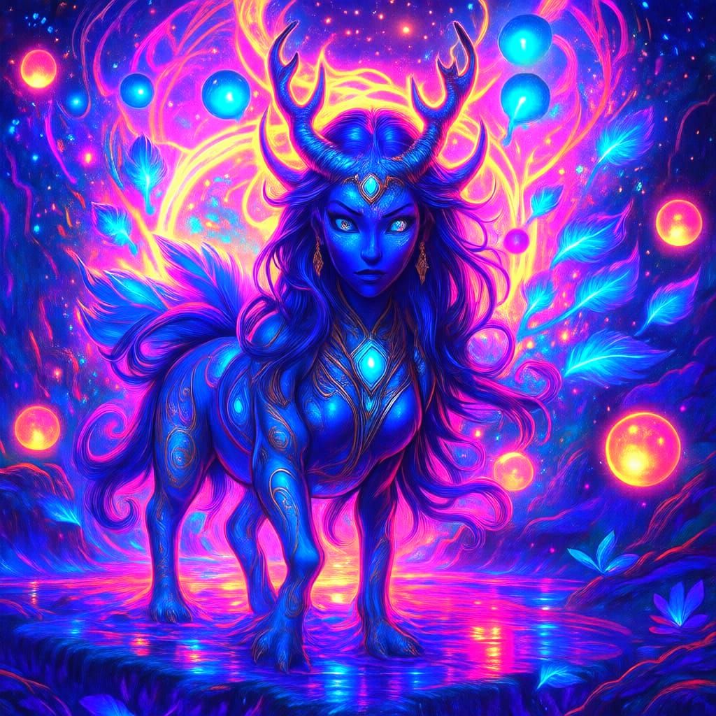 Neon Cryptid in Bioluminescent Manga Forest