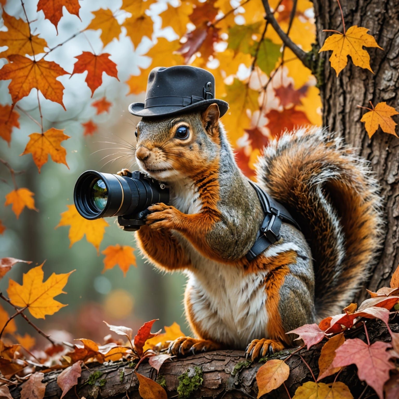 Detective Squirrel Spying with Binoculars in Autumn