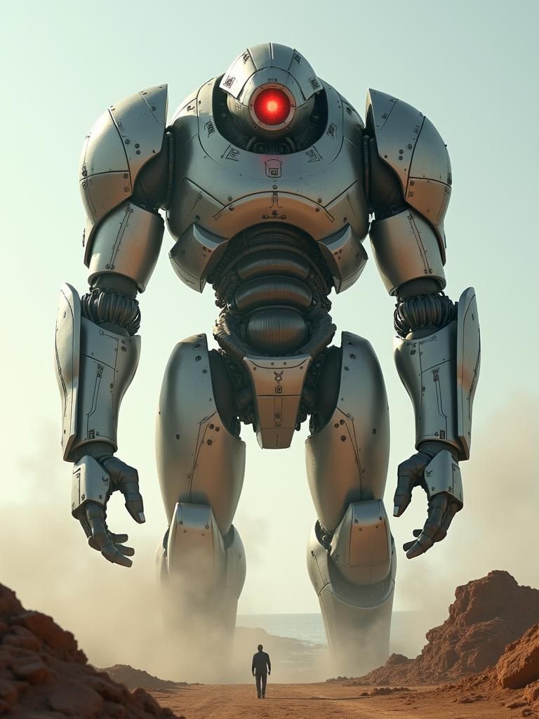 A colossal humanoid figure towers over a sprawling military ...