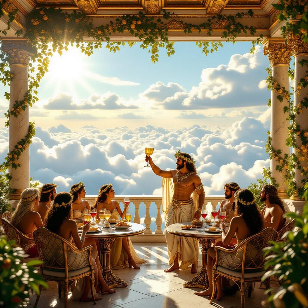 Dionysus' Olympus Cafe: Divine Nymphs & Gods on Marble Terra...