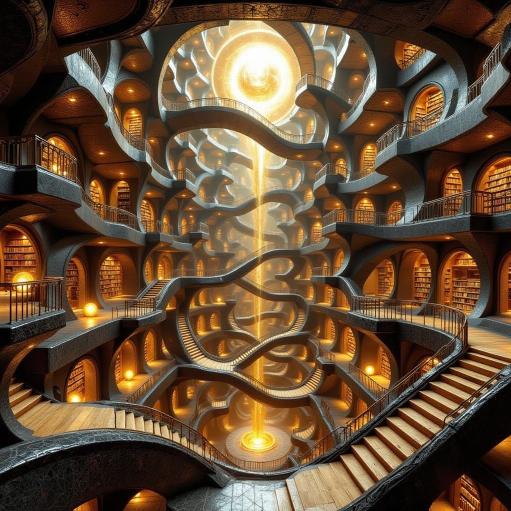 Escher-Inspired Library of Impossible Geometry in Warm Golde...