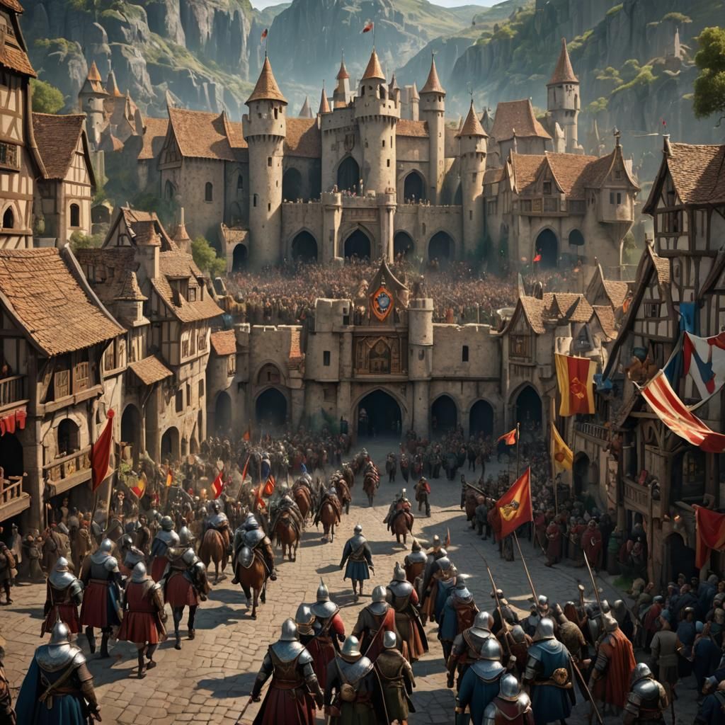 Medieval Knight Parade in Village, Detailed Matte Painting