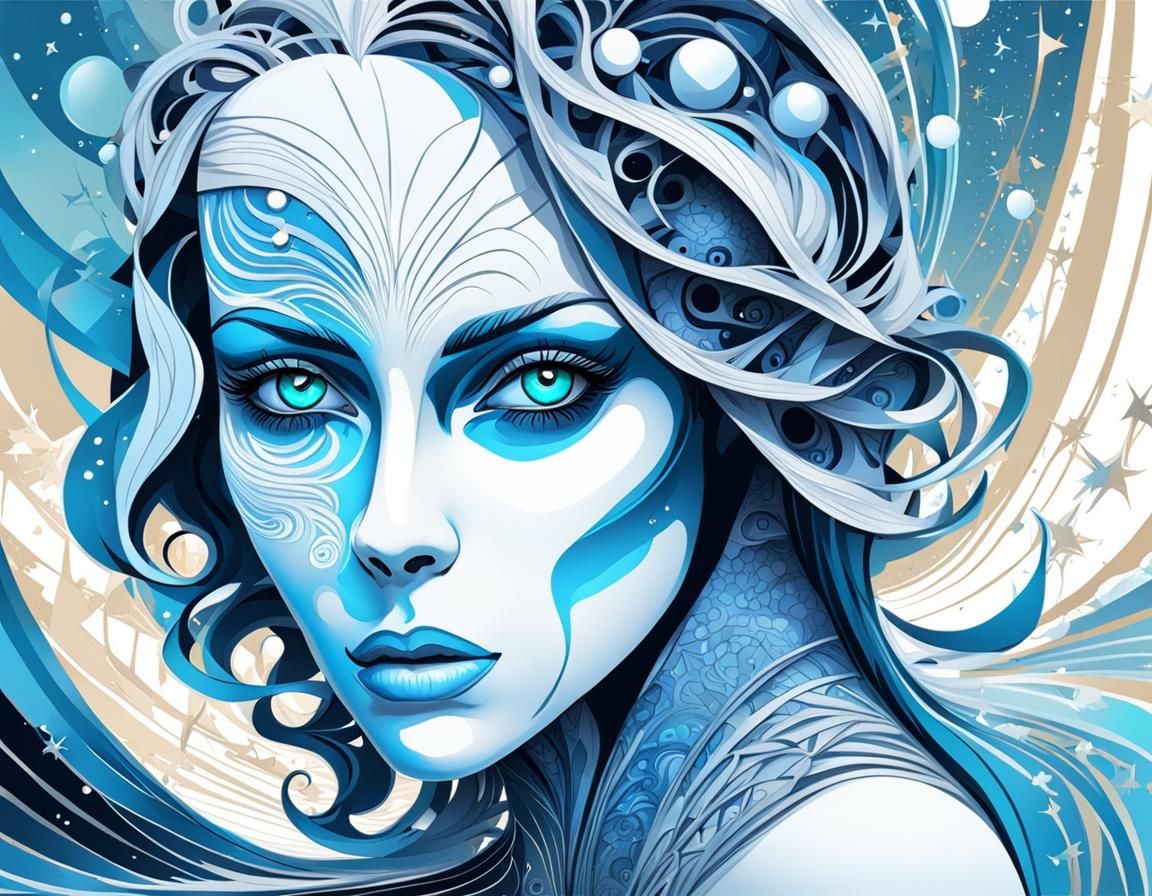 Sad Woman in Space with Abstract Art Deco Elements