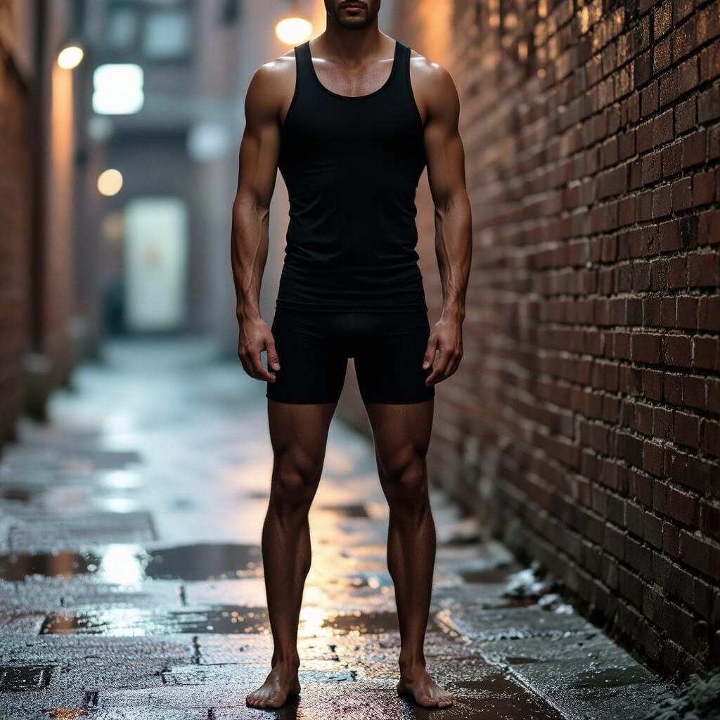 Gritty Photorealistic Alleyway Scene with Lanky Man