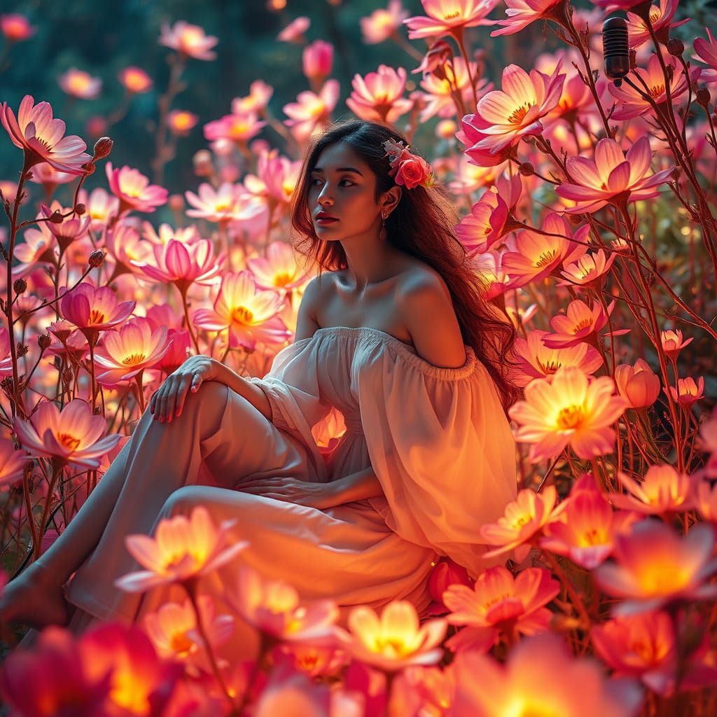 Ethereal Goddess in a Kaleidoscope of Vibrant Flowers