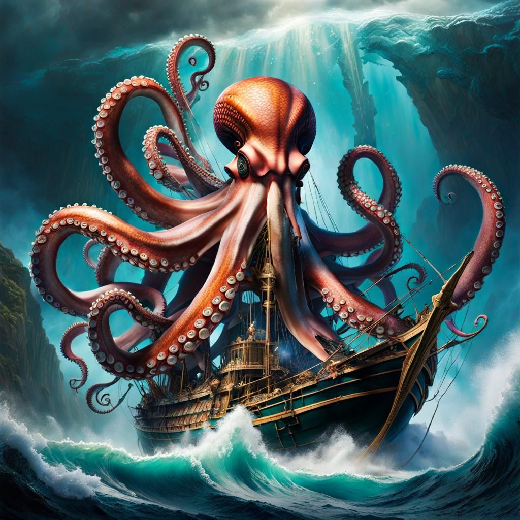 Poseidon Battles Octopus in Mixed Media Ink Style