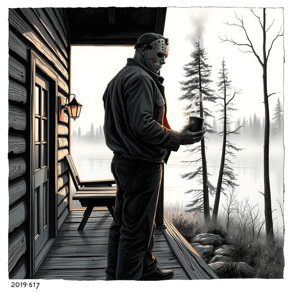 Jason Voorhees Contemplates Morning in Foreboding Cabin Scen...